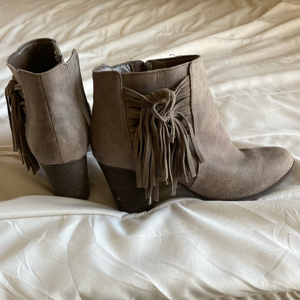 Tan booties with fringe